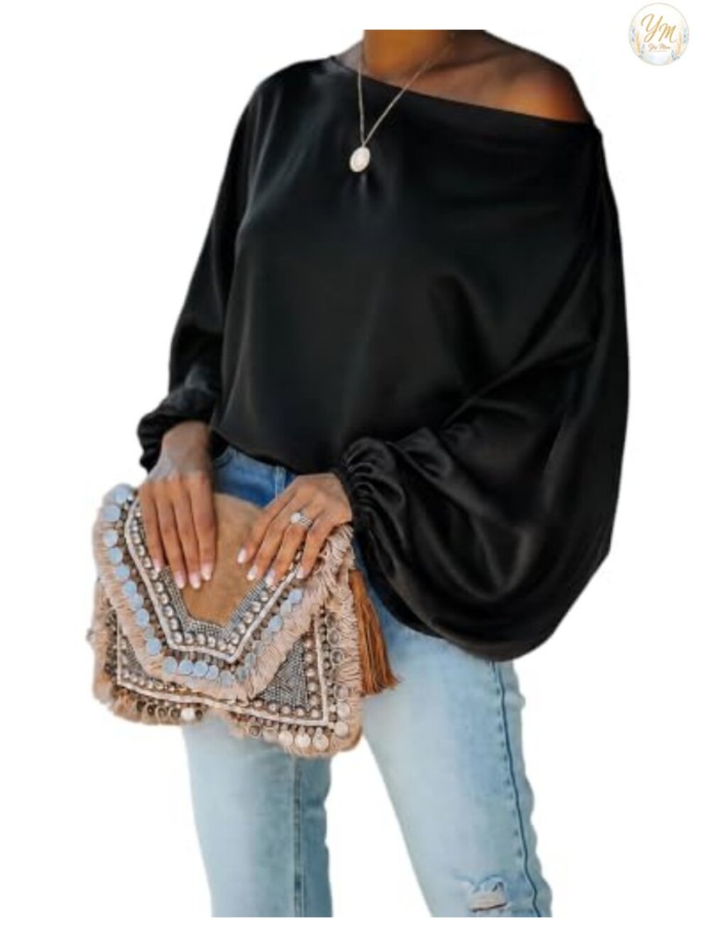 Satin Off Shoulder Blouse with Lantern Sleeves and Skew Neck